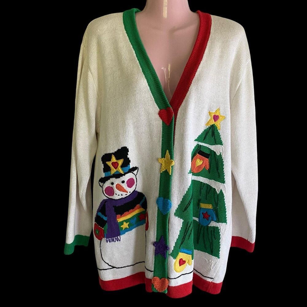 Storybook Knits Sweater Womens Medium White Snowman Ugly Christmas Tree Cardigan